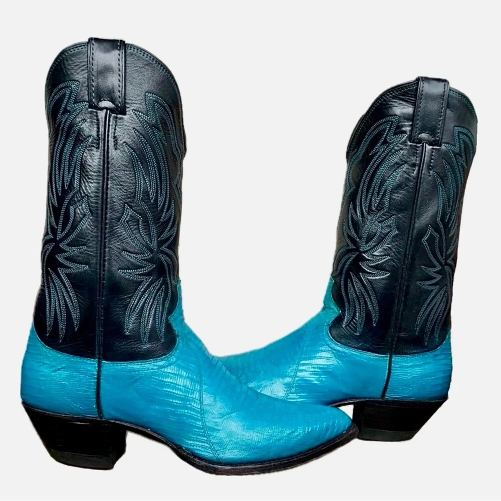 SOLD JUSTIN BOOTS Vintage Turquoise Black Cowboy Boots Cowgirl Western Womens 8 - Picture 6 of 7